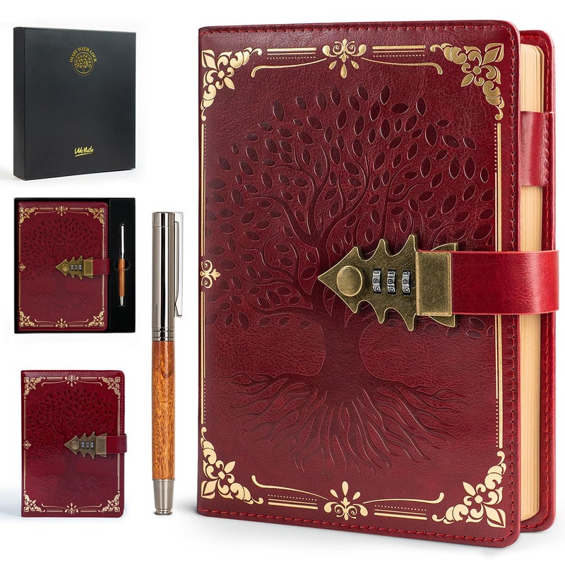 WEMATE Lock Journal with Pen & Gift Box, A5 260 Pages, Refillable, Hardcover Leather Password Notebook for Writing, Vintage Lock Diary for Women, Girls, Men, Students, 8.6 x 5.8 in, Red - Image 1
