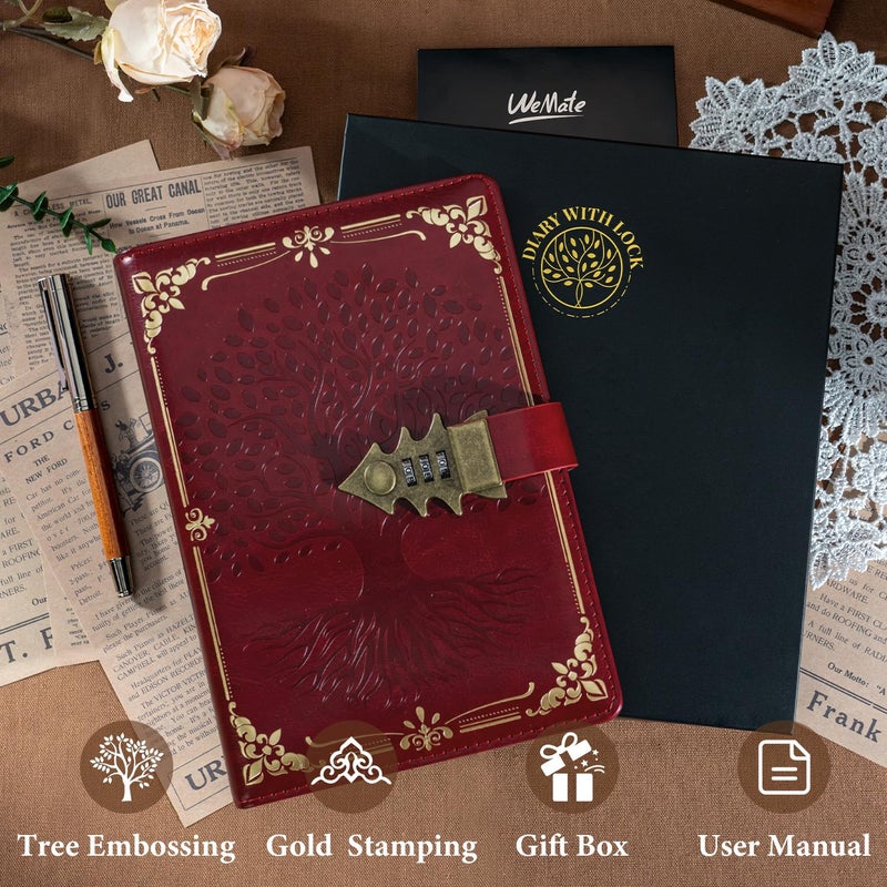 WEMATE Lock Journal with Pen & Gift Box, A5 260 Pages, Refillable, Hardcover Leather Password Notebook for Writing, Vintage Lock Diary for Women, Girls, Men, Students, 8.6 x 5.8 in, Red - Image 4