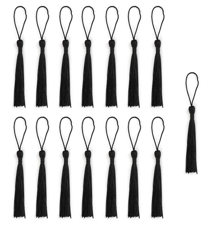 Sowaka 50 Pcs Tassel Silky Soft Mini Floss Handmade Tassels with Loop for Bookmark Jewelry Making Keychain Souvenir DIY Crafting Project Supplies Chinese Knot Black
