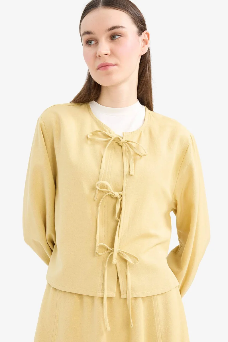 DeFacto Relax Fit Front Tied Linen Long Sleeve Blouse