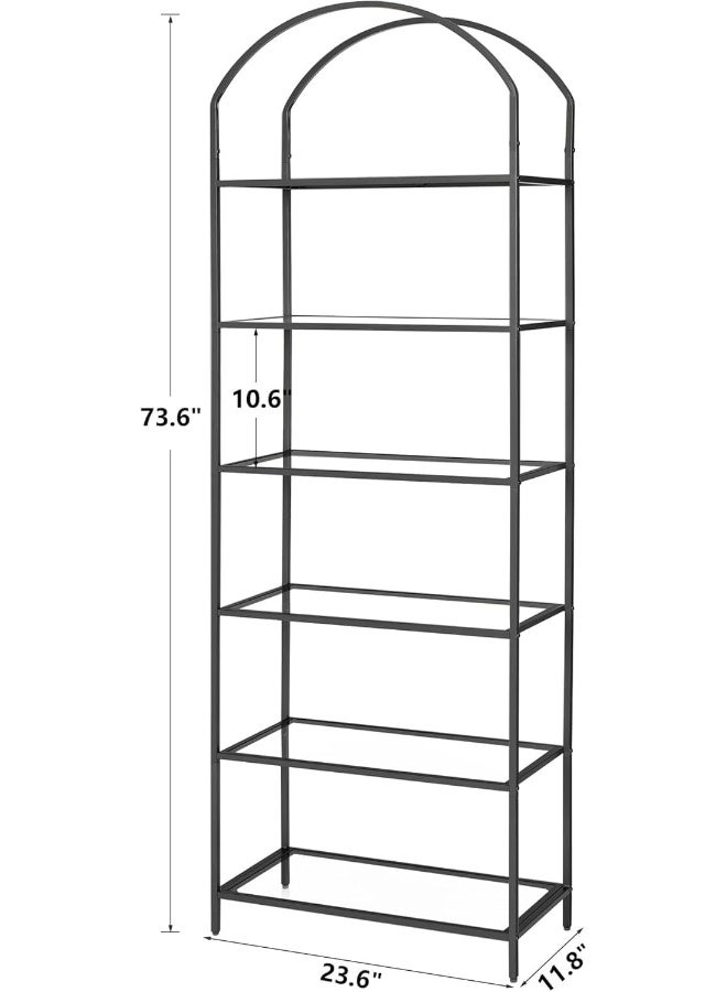YINZUO YINZUO Modern Gold Metal Frame Bookshelf with Glass Shelves - Tiered Open Display Storage Shelf for Living Room, Home Office, or Bedroom - Freestanding Decorative Shelving (Matt Black)  - Image 2