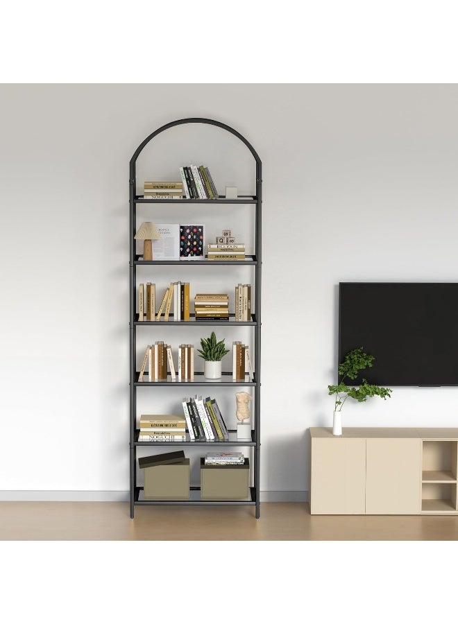 YINZUO YINZUO Modern Gold Metal Frame Bookshelf with Glass Shelves - Tiered Open Display Storage Shelf for Living Room, Home Office, or Bedroom - Freestanding Decorative Shelving (Matt Black)  - Image 5