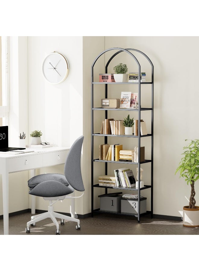 YINZUO YINZUO Modern Gold Metal Frame Bookshelf with Glass Shelves - Tiered Open Display Storage Shelf for Living Room, Home Office, or Bedroom - Freestanding Decorative Shelving (Matt Black)  - Image 4