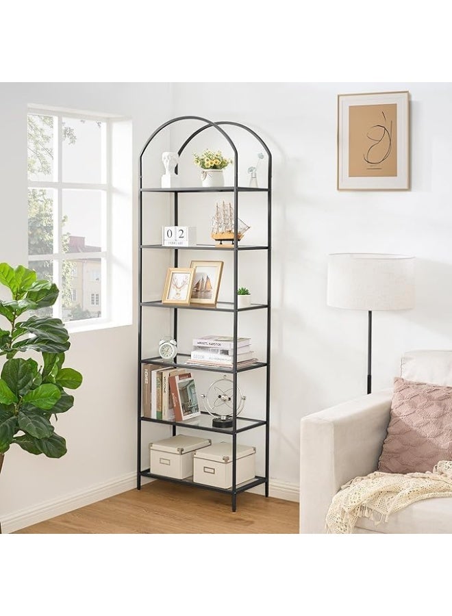 YINZUO YINZUO Modern Gold Metal Frame Bookshelf with Glass Shelves - Tiered Open Display Storage Shelf for Living Room, Home Office, or Bedroom - Freestanding Decorative Shelving (Matt Black)  - Image 1