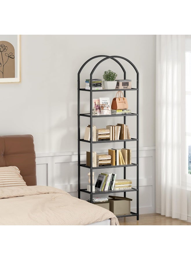 YINZUO YINZUO Modern Gold Metal Frame Bookshelf with Glass Shelves - Tiered Open Display Storage Shelf for Living Room, Home Office, or Bedroom - Freestanding Decorative Shelving (Matt Black)  - Image 3