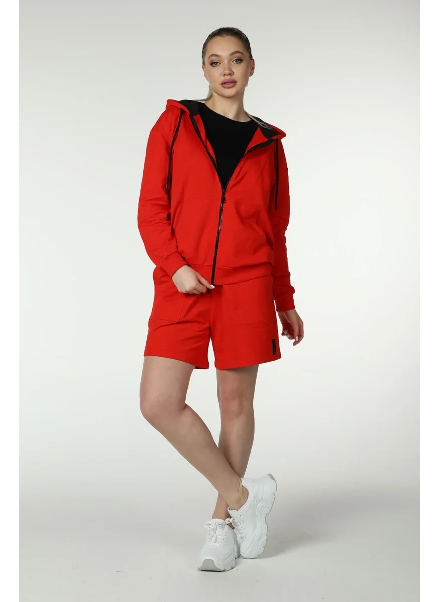 Defy'S Women's Hooded Zippered Oversize Pattern Sweatshirt Red