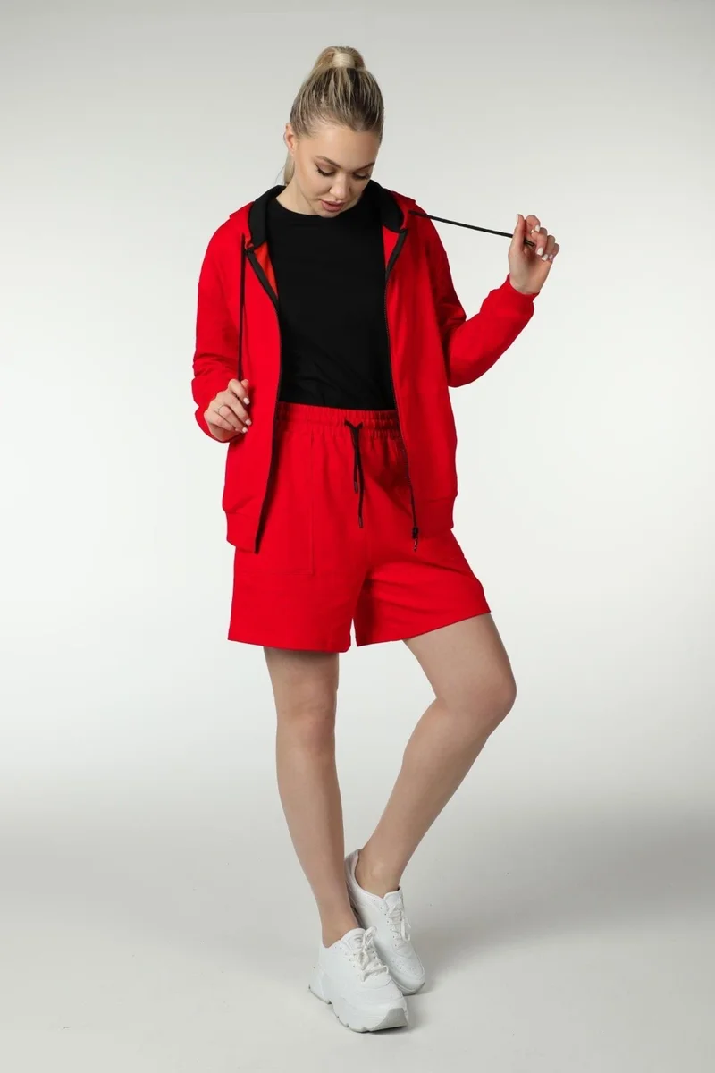 Defy's Women's Hooded Zippered Oversize Pattern Sweatshirt Red
