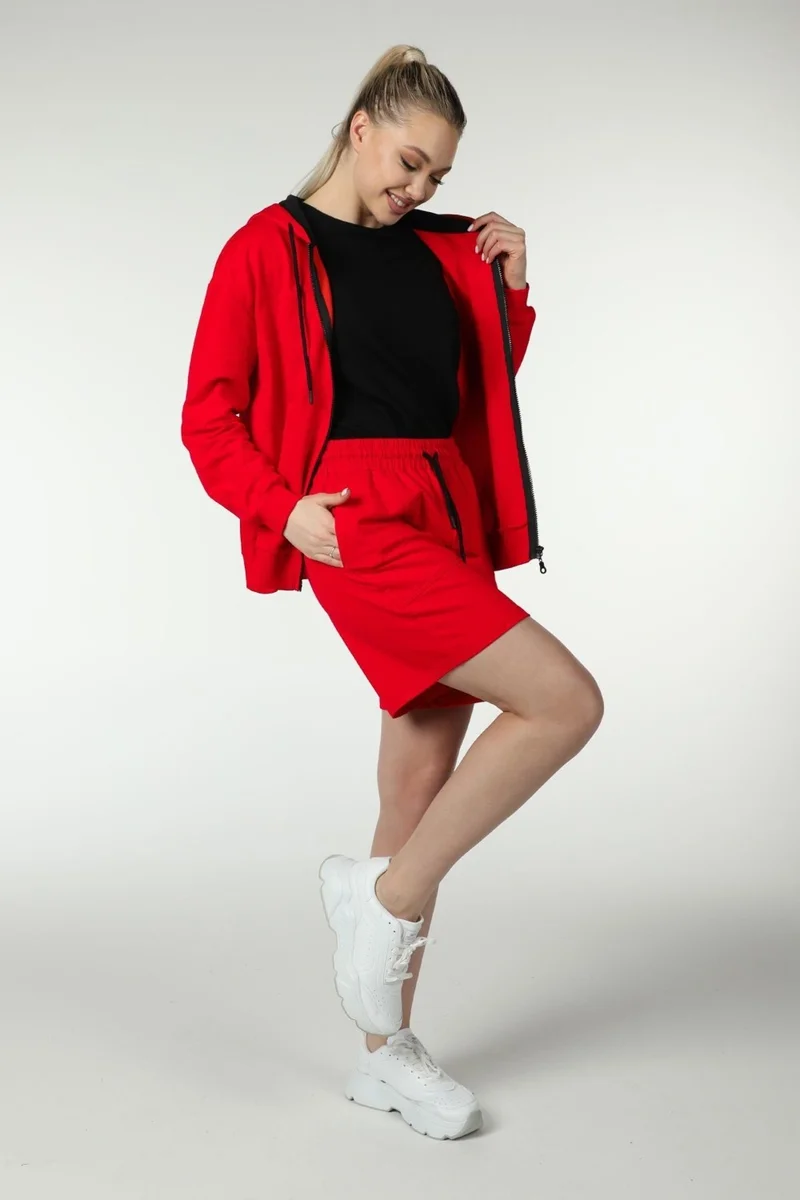 Defy's Women's Hooded Zippered Oversize Pattern Sweatshirt Red