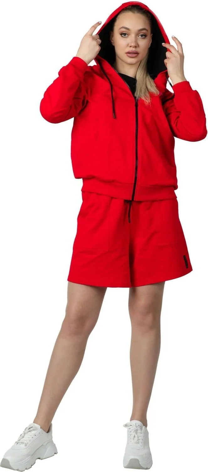 Defy's Women's Hooded Zippered Oversize Pattern Sweatshirt Red