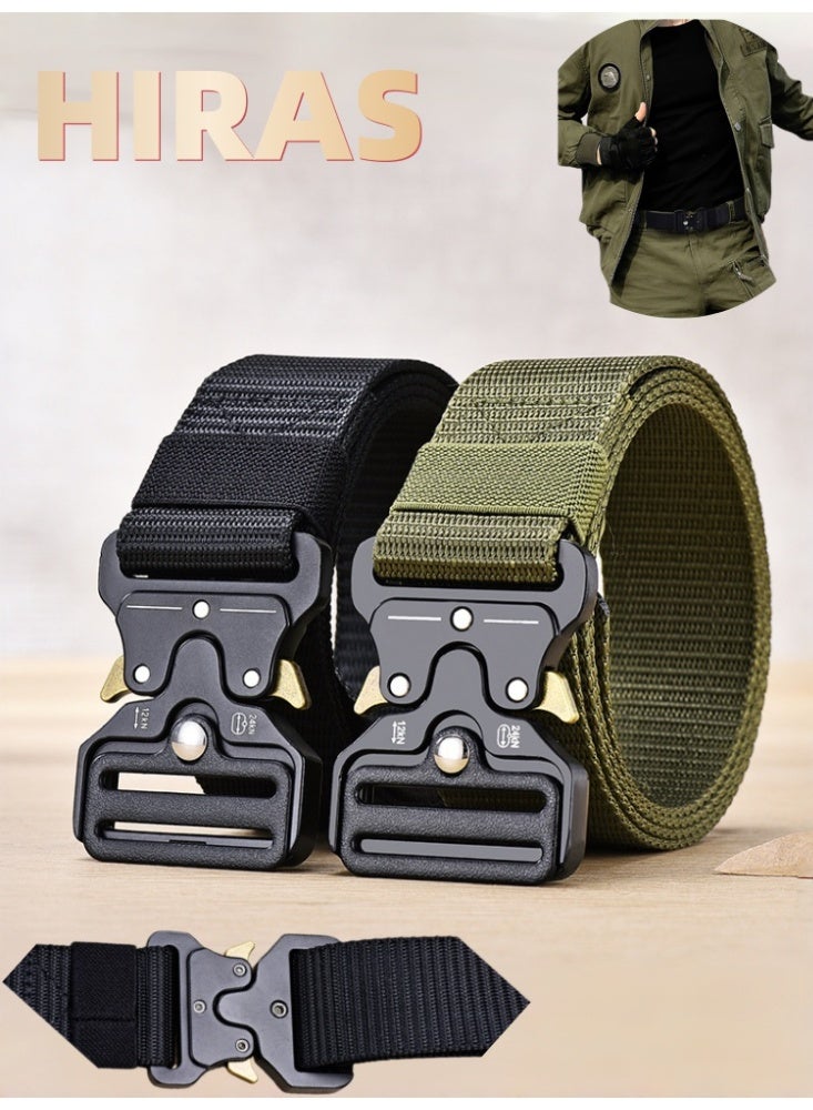 Hiras 2 Pack Tactical Belt for Men - 125cm Heavy Duty Soft Canvas Work Belt with Quick-Release Buckle, Black & Green - Image 1