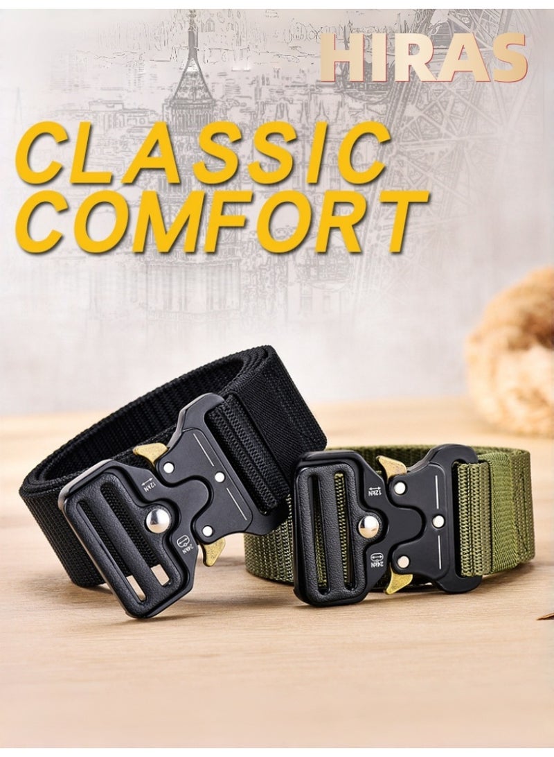 Hiras 2 Pack Tactical Belt for Men - 125cm Heavy Duty Soft Canvas Work Belt with Quick-Release Buckle, Black & Green - Image 2