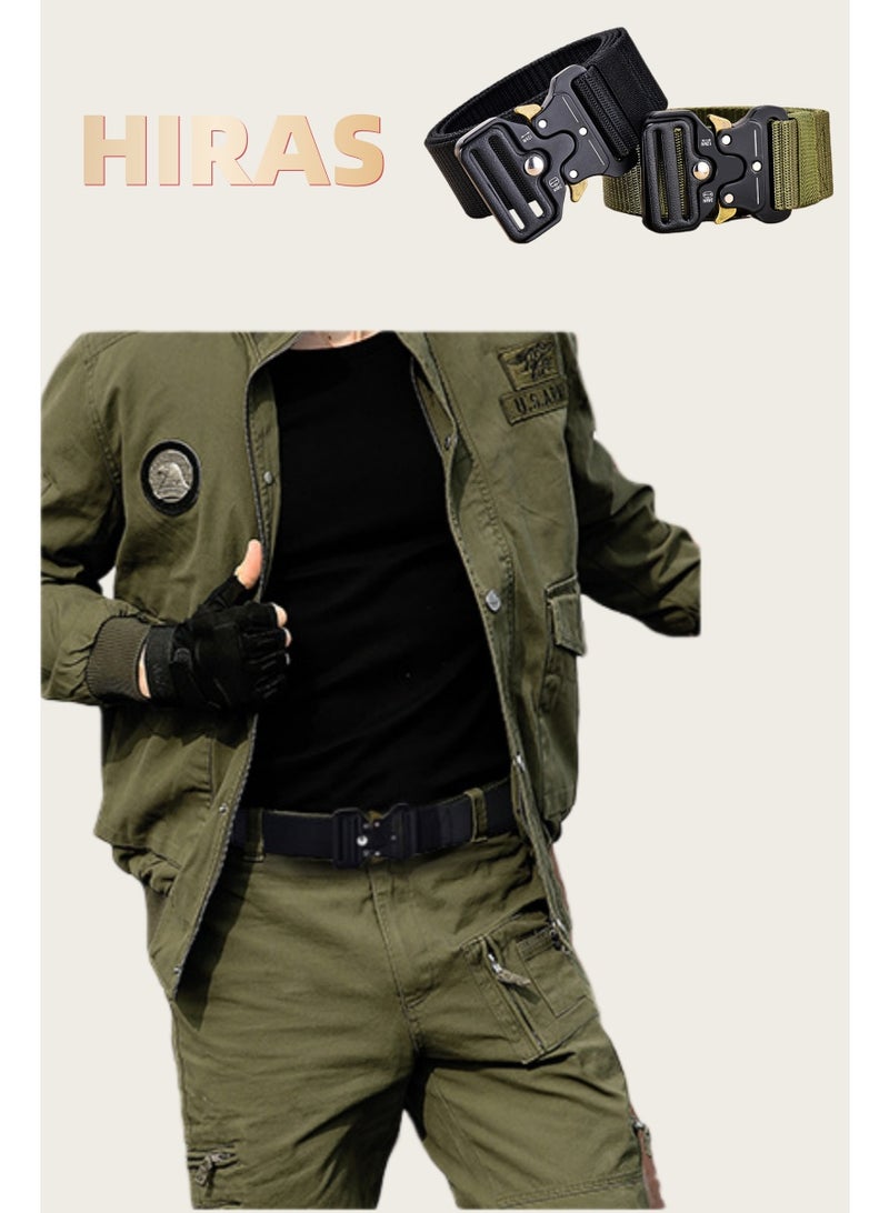 Hiras 2 Pack Tactical Belt for Men - 125cm Heavy Duty Soft Canvas Work Belt with Quick-Release Buckle, Black & Green - Image 5
