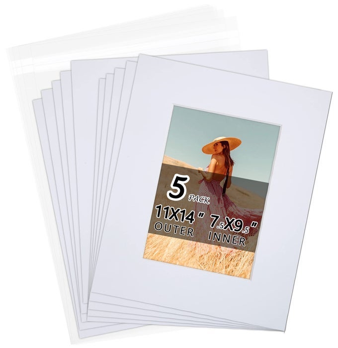 ACID FREE 5 PACK 11X14 PRECUT MAT BOARD SHOW KIT FOR 8X10 PHOTOS PRINTS OR ARTWORKS 5 CORE BEVEL CUT MATTS AND 5 BACKING BOARDS AND 5 CRYSTAL PLASTIC BAGS WHITE