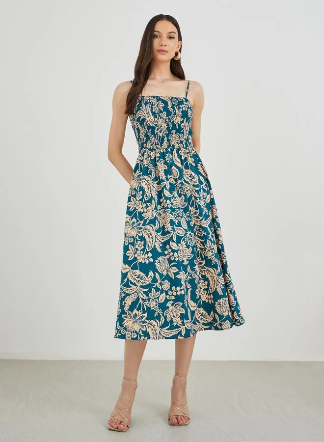 Take Two Take Two Floral Print A-Line Smocking Detail Maxi Dress