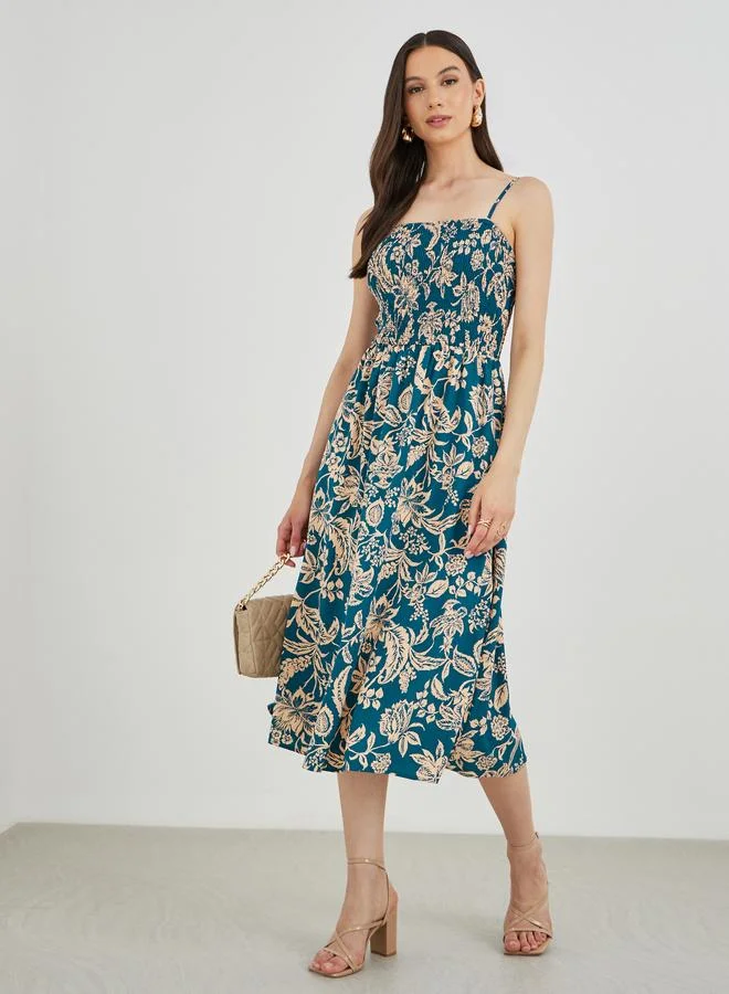 Take Two Take Two Floral Print A-Line Smocking Detail Maxi Dress