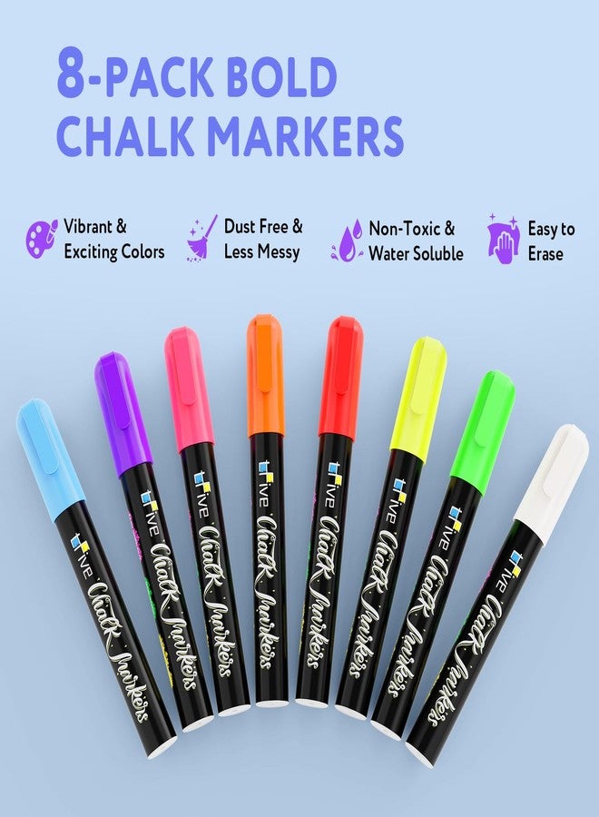 TFIVE Chalk Markers - 8 Color Chalk Pens and 24 Labels - Dry & Wet Erase, Reversible Tip, for Chalkboards, Signs, Windows, Blackboard, Glass, Mirrors, Liquid Chalk - Image 2