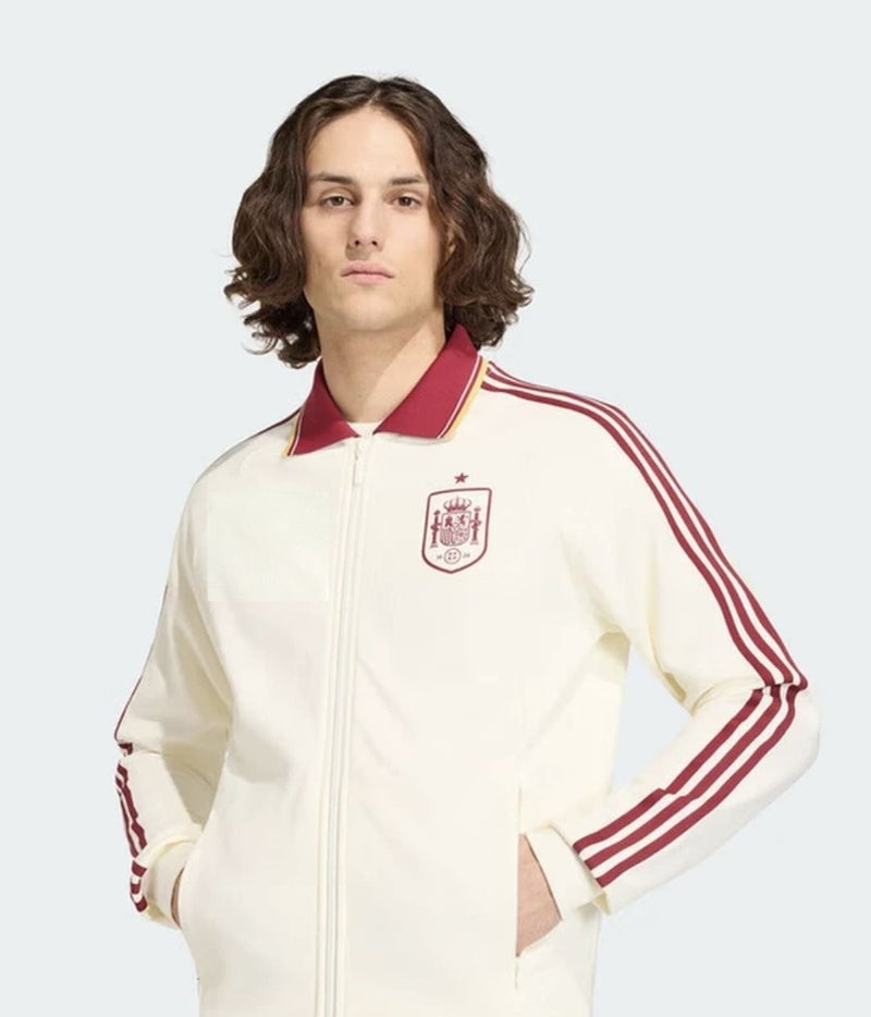 Spain National Team Retro Track Jacket, Women/Men Red 3-Stripes Full Zip Stand Collar Training Jacket - Image 1