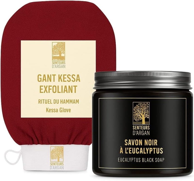 Kessa Exfoliating Body Scrub Glove Eucalyptus Black Soap Moroccan Kessa Glove for Hammam Sauna Removes Dead Skin and Purifies Skin