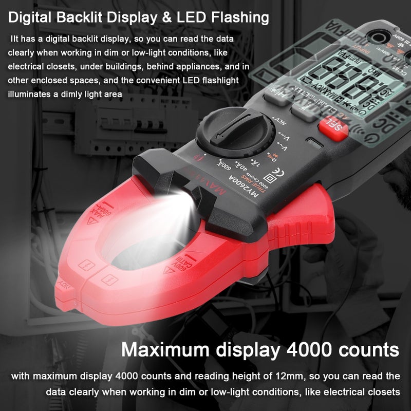 Digital Clamp Meter: 4000 Counts Backlit LCD, High Accuracy, Non-Contact Voltage Detection - Multi-Function Auto-Ranging Tester for Professional Electricians, DIY Home Projects, Automotive Electrical - Image 5
