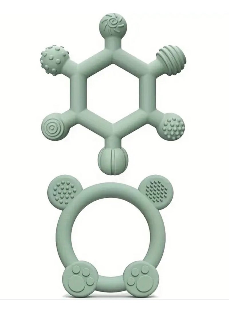 كلين ويف طقم عضاضات أطفال من السيليكون باللون الأخضر مكون من قطعتين –حلقة باندا ناعمة ولعبة مضغ بستة ملمس للأطفال،وتدليك لطيف للعلكة،وسيليكون صالح للطعام وخالٍ من مادة BPA،وآمن للغسل في غسالة الأطباق،ولعبة حسية للنمو وهدية مثالية للطفل - Image 1