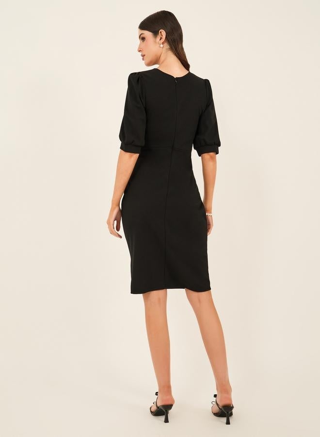 Styli Embellished Puff Sleeves Bodycon Knee-Length Dress - Image 5