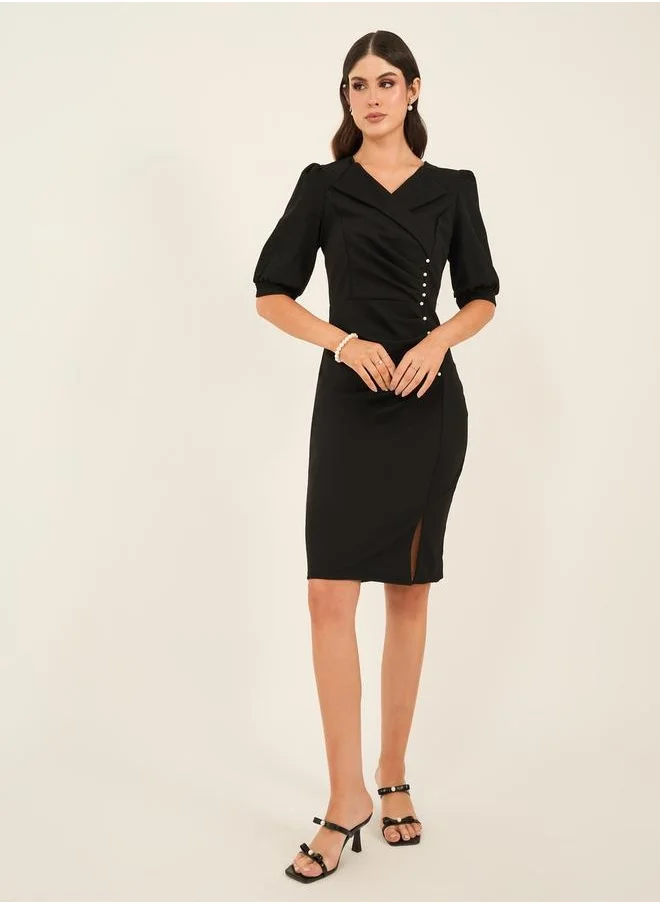 Styli Embellished Puff Sleeves Bodycon Knee-Length Dress