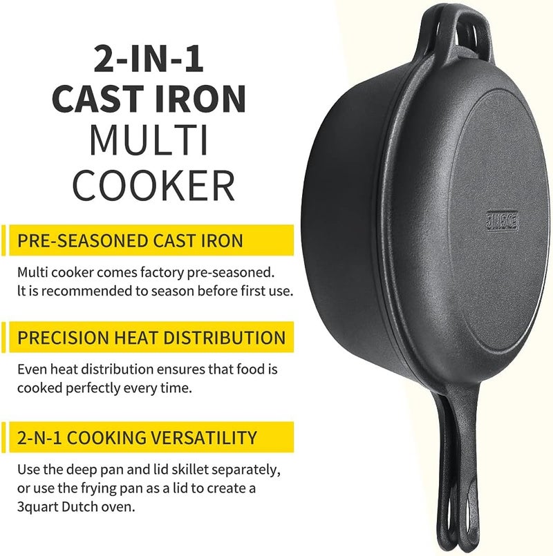 EDGING CASTING 2-in-1 Pre-Seasoned Cast Iron Dutch Oven Pot with Skillet Lid Set, 10" Skillet 3QT Pot for Cooking, Baking, Frying and Camping - Image 3