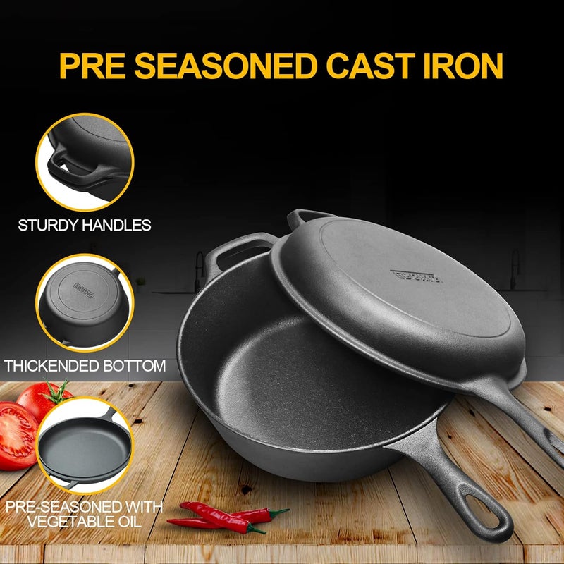 EDGING CASTING 2-in-1 Pre-Seasoned Cast Iron Dutch Oven Pot with Skillet Lid Set, 10" Skillet 3QT Pot for Cooking, Baking, Frying and Camping - Image 4
