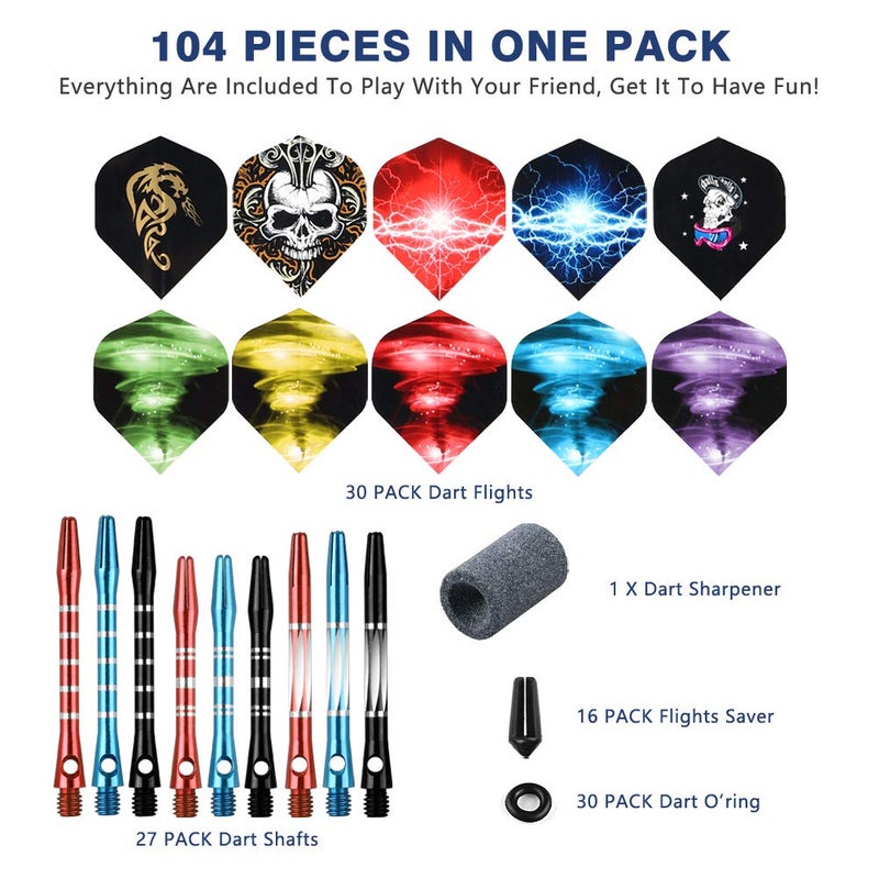 Tezoro Dart Accessories Kit Including Aluminum Dart shafts,Dart Flights, Flight Savers, Sharpener, O-Rings -Bulk Pack of 104 Pieces - Image 2