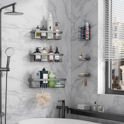 Veken 6-Pack Rustproof & Waterproof Shower Caddy, Adhesive Shelves Rack, Large Capacity Bathroom, College Dorm & Apartment Organizers, No-Drill Wall Mount Living Room & Bedroom Decor, Light Grey - Image 4