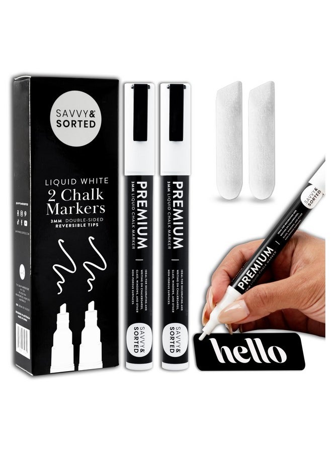 Savvy & Sorted White Liquid Chalk Markers Erasable 2Pk 3Mm Fine Tip Chalk Markers Chalk Pens Chalkboard Markers Bistro Chalk Marker Glass Window Markers Glass Board Markers Erasable Chalk Markers Fine Tip  - Image 1