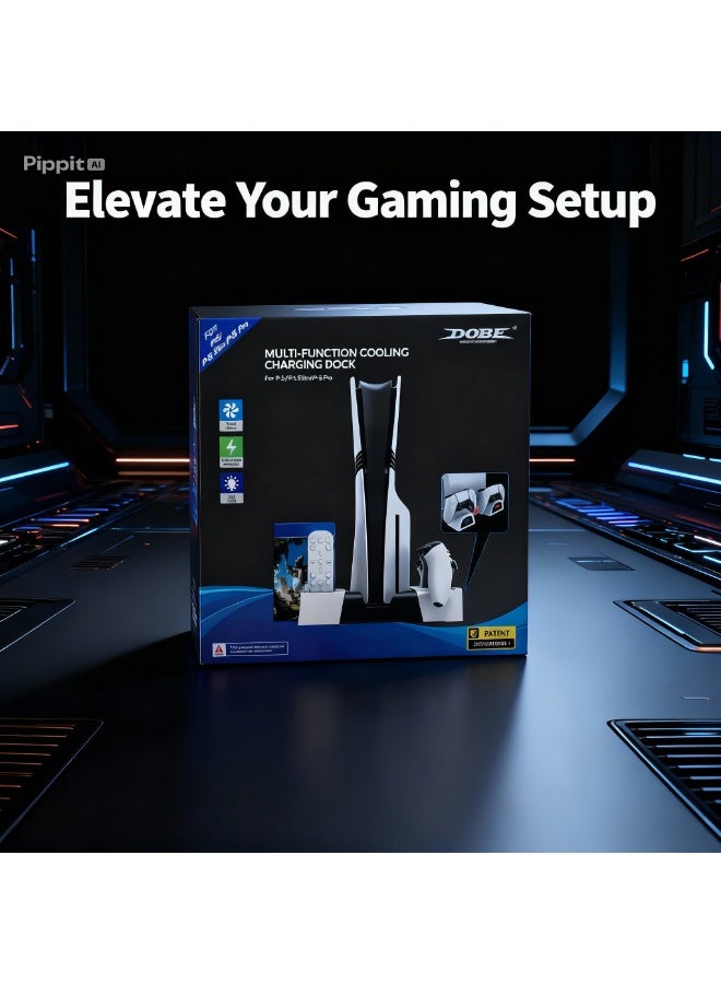 دوبي حامل PS5، مع محطة شحن وحدة التحكم ومحطة تبريد لجهاز PS 5، الإصدار الرقمي وإصدار القرص، قاعدة شحن وحدة التحكم المزدوجة، 3 سرعات مروحة تبريد، فتحات الألعاب - Image 1