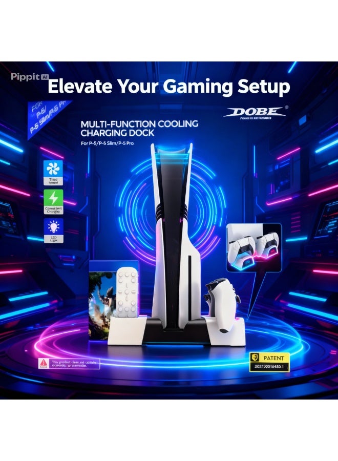 دوبي حامل PS5، مع محطة شحن وحدة التحكم ومحطة تبريد لجهاز PS 5، الإصدار الرقمي وإصدار القرص، قاعدة شحن وحدة التحكم المزدوجة، 3 سرعات مروحة تبريد، فتحات الألعاب - Image 2