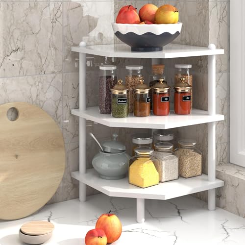 MOFAIN Desktop Corner Stand Shelf for Storage 3 Tier Corner Shelf Organizer White Shelves Rack for Small Spaces Home Office Kitchen Bathroom - Image 1