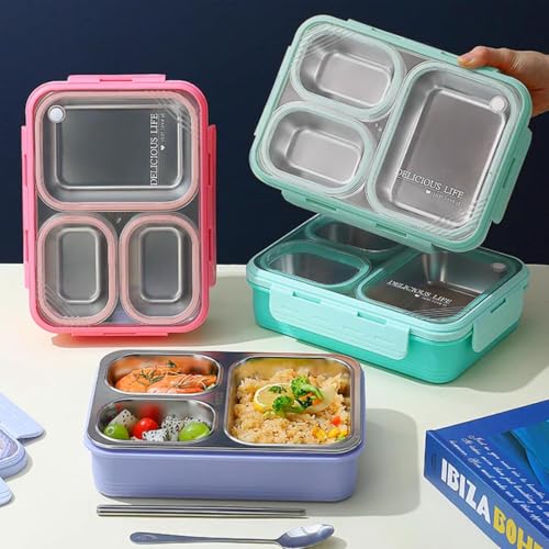 MEDALLIX Stainless Steel Lunch Box | 3-Compartment Leakproof & BPA-Free Bento Box | Insulated with Detachable Inner Containers & 4-Sided Lock | Ideal for Office, School, College & Travel | Pink - Image 4