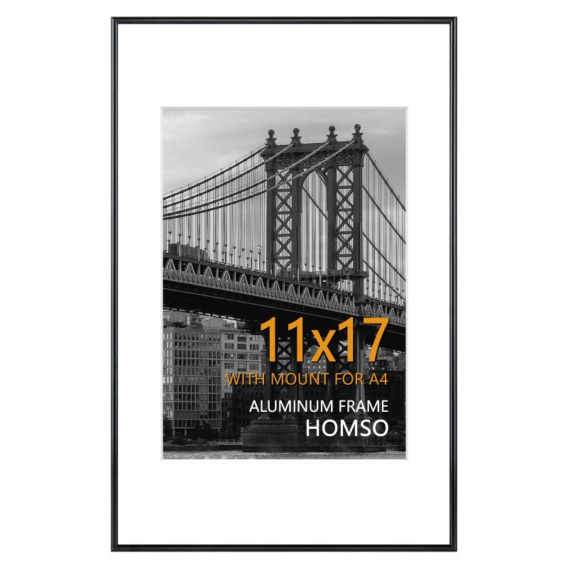 Homso A3 Picture Poster Frame Display Pictures A4 with Mat or 117x165 Without Mat Thin Border Metal with Plexiglass for Horizontal and Vertical Black