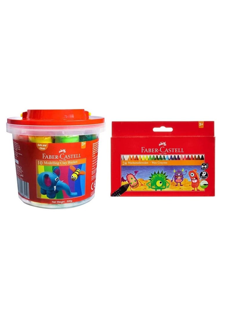 Faber Castell Modelling Clay 500Gm - 10 Colors X 50Gm In A Plastic Bucket, 120841, Multi Color & Faber-CastellWax Crayons 24 Color Round 90Mm, 120053, Multi Colour