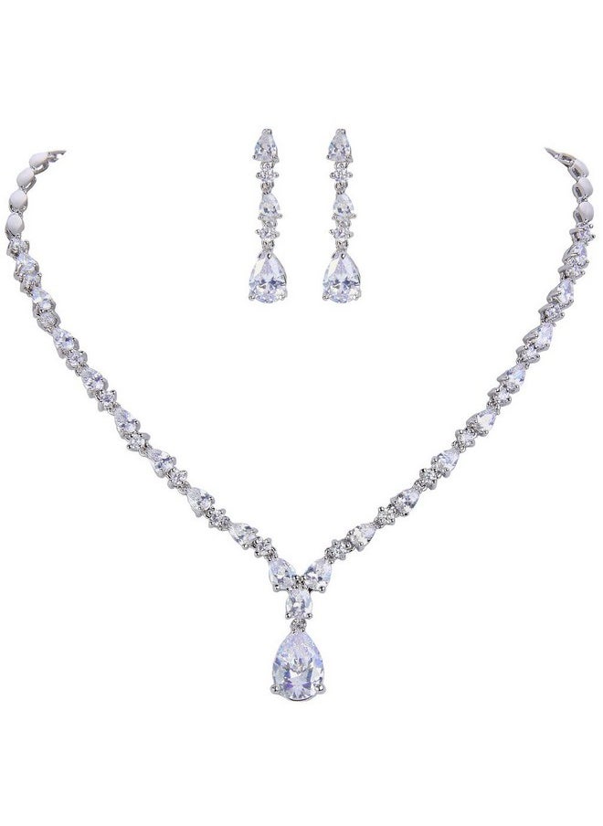 EVER FAITH - Wedding Jewelry For Bride Cubic Zirconia Charming Water Drop Bridal Pendant Necklace Earrings Set Clear Silver-Tone - Image 1