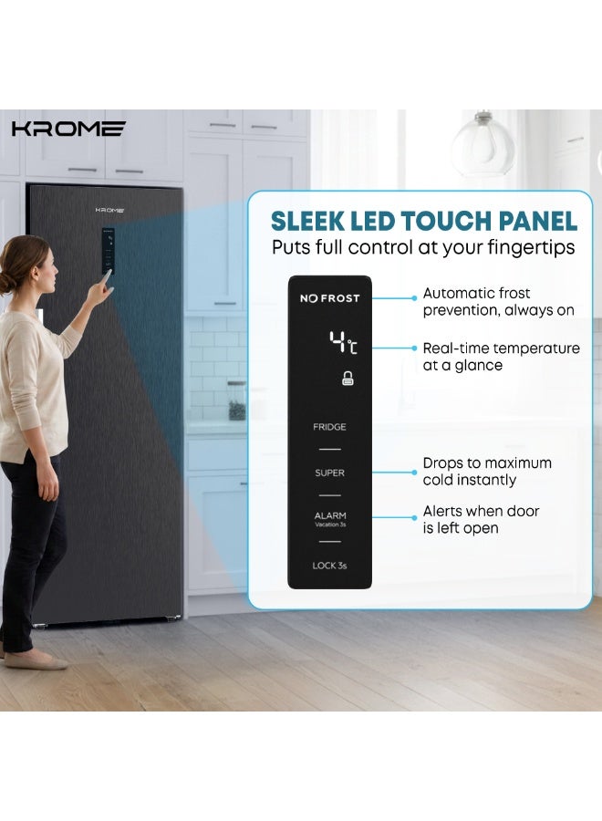 KROME 274L Upright No Frost Freezer | Signle Door | Smart Inverter Compressor | Multi Air Flow Cooling | LED Touch Display | Quick Freeze | ECO Mode | Door Open Alarm |Reversible Door | Dark Inox- KR-UF360IH KR-UF360IH Dark Inox - Image 3