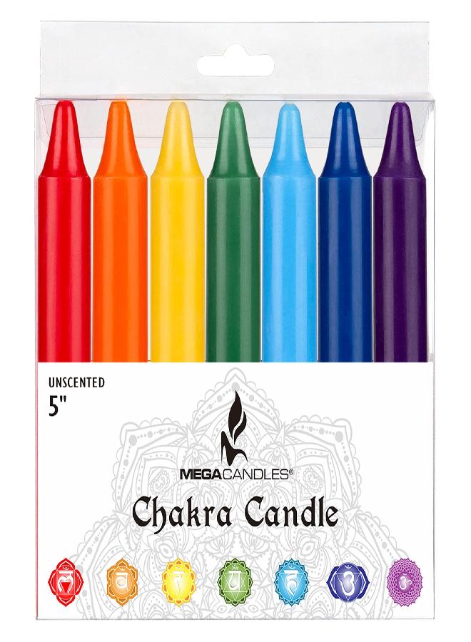 Mega Candles Mega Candles 7 pcs Unscented Chakra Straight Taper Candle, Hand Poured Premium Wax Candles 5 Inch x 3/4 Inch, Cotton Wick, Promotes Positive Energy, Aids Meditation, Relaxation & More  - Image 2