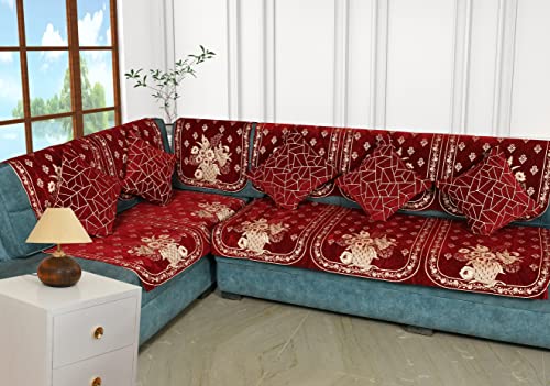 Dazzling DECOR L Shape Sofa Cover 7 Seater Set with 5 Cushion Covers | Stretch Fit Elastic Corner Sofa Slipcover | Anti-Skid Dustproof Couch Protector | Washable Furniture Cover (Maroon) - Image 1
