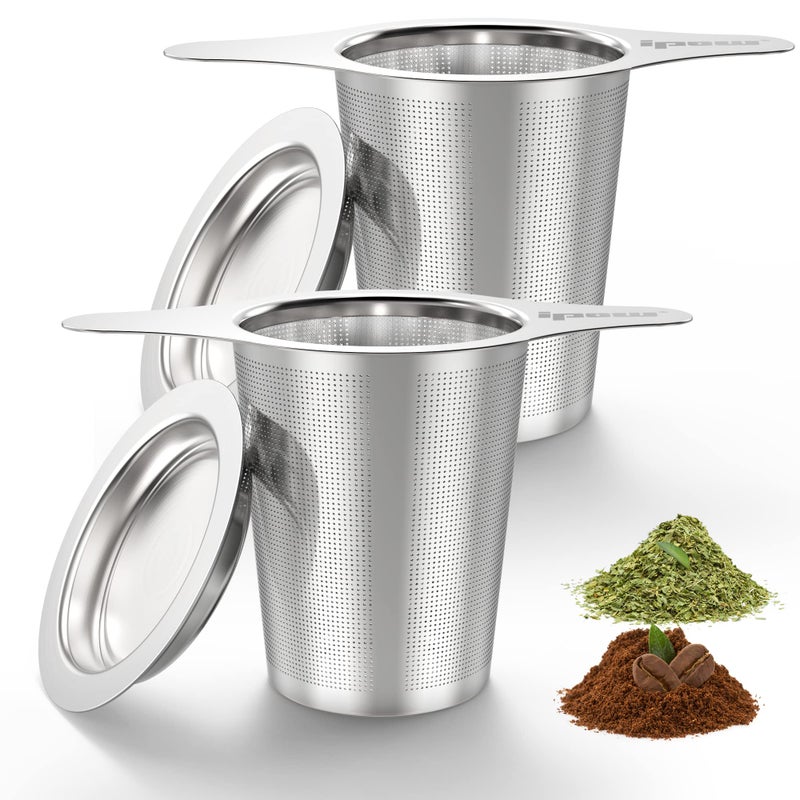IPOW 2 Pack Extra Fine Mesh Coffee Filter with Coaster Lid and Doublesided Handle Micron Mesh Tea Infuser for Loose Tea Foodgrade Stainless Steel