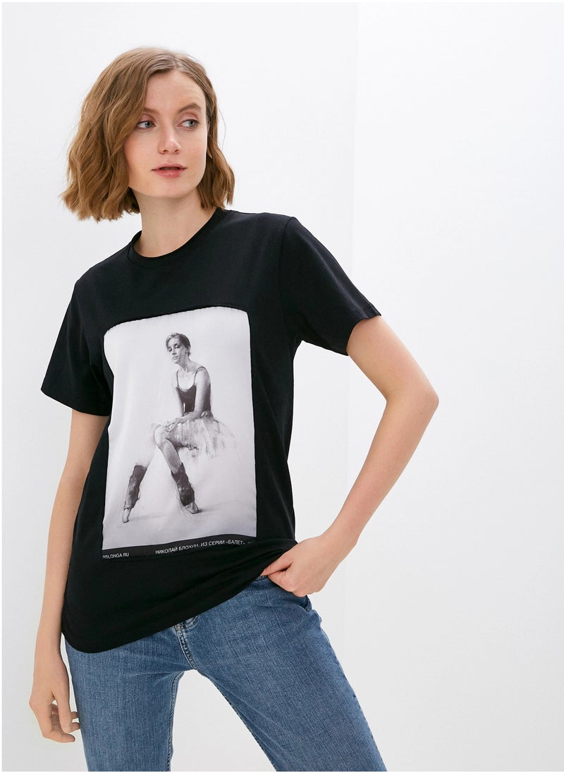 Artograph Women premium cotton black T-shirt with artist unique painting Ballet 2008  - Image 1