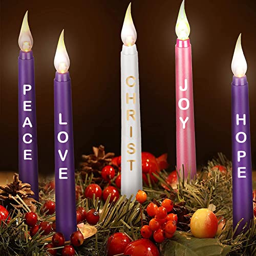 5 Pcs LED Flameless Advent Candle Set Christmas Advent Candles with Words Hope Peace Love Joy Christ Purple Pink White Taper Candles for Church Advent Wreath Rituals 10 Inch Simple with Words