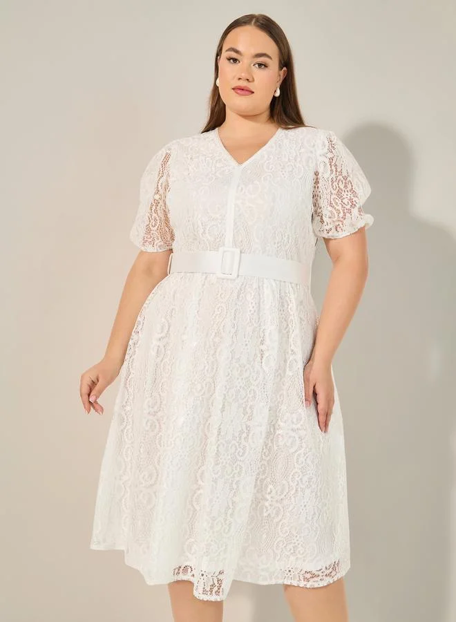 Styli Lace Belted Midi Dress