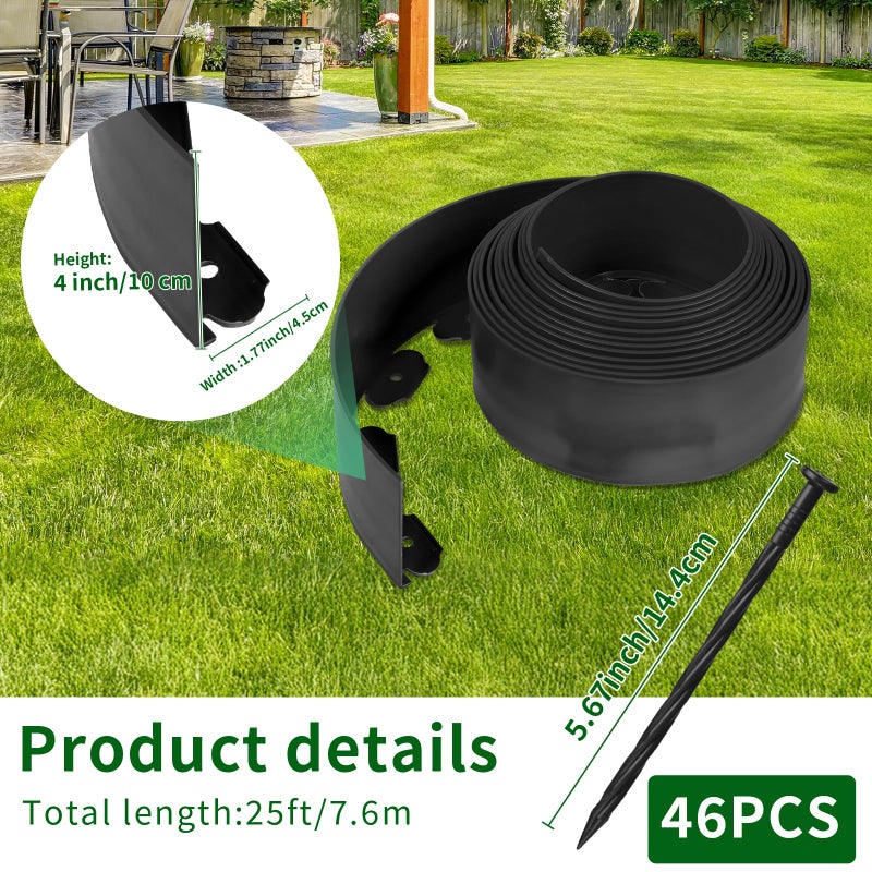 AggFencer 4 in x 25 Ft Garden Landscape Edging, No Dig Garden Edging Border Kit with 46 Pcs Spikes for Flower Bed Lawn Yard Grass Black - Image 2