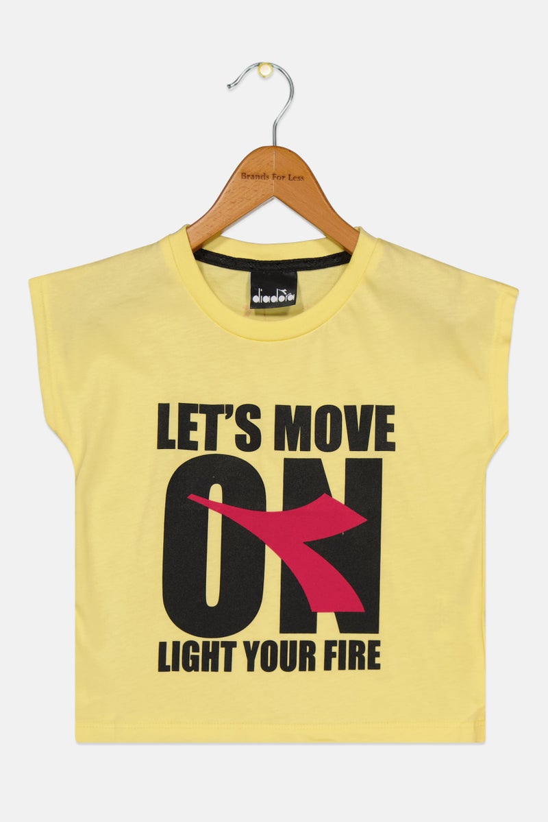 DIADORA Toddlers Girl Crew Neck Cap Sleeve Printed T-Shirts, Yellow - Image 1