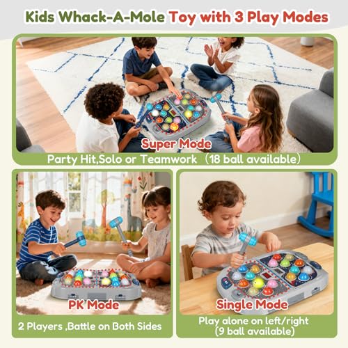 TooLion 2Player Whack Game Mole  Toys for Age 312 Kids2 Hammers3 Modes with Sound  LightSafe Educational Pounding ToyChristmas Birthday Gift for 3 4 5 6 Year Old Boys GirlsGray - Image 5