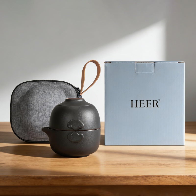 HEER Ceramic Travel Gaiwan Tea Set - Small Kungfu Teapot with Cup for One, Ideal Gift for Tea Lovers. - Image 5