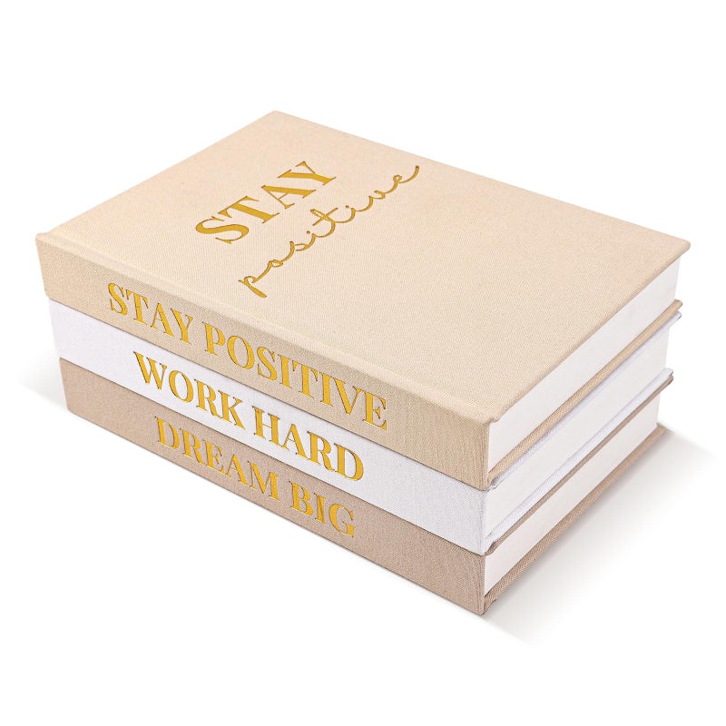 Nichake Set of 3 Linen Covered Decorative Books for Home Office Decor-Gold Foil Stamping Decor Books,Motivational Office Decor for Women Men Neutral Book Decor for Coffee Tables and Book Shelf - Image 1
